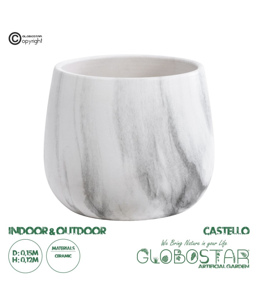 GloboStar® Artificial Garden CASTELLO 20549 Διακοσμητικό Κεραμικό Κασπώ Γλάστρα - Flower Pot Λευκό με Μαύρες Λεπτομέρειες Φ15 x Υ12cm